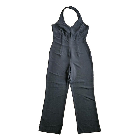 New York & Company Pants - New York & Company Black Halter Top Jumpsuit V Neck Size 12 Wide Leg, Zipper Y2K